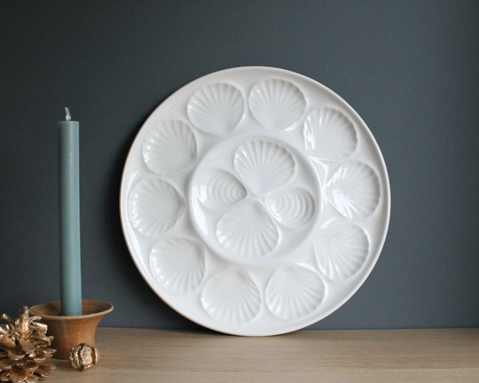 Vintage French Oyster Seafood Platter, Moulin Des Loups Orchies, Off White Glazed Ceramic