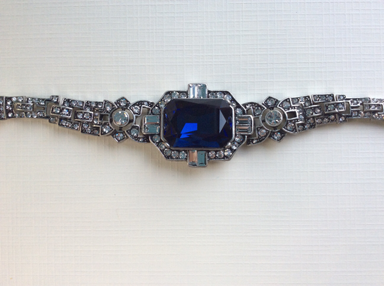 Blue Great Gatsby Bracelet, Sapphire Blue Art Deco Wedding Bridal Jewery, Deco Baguette Crystals Rhinestone Flapper