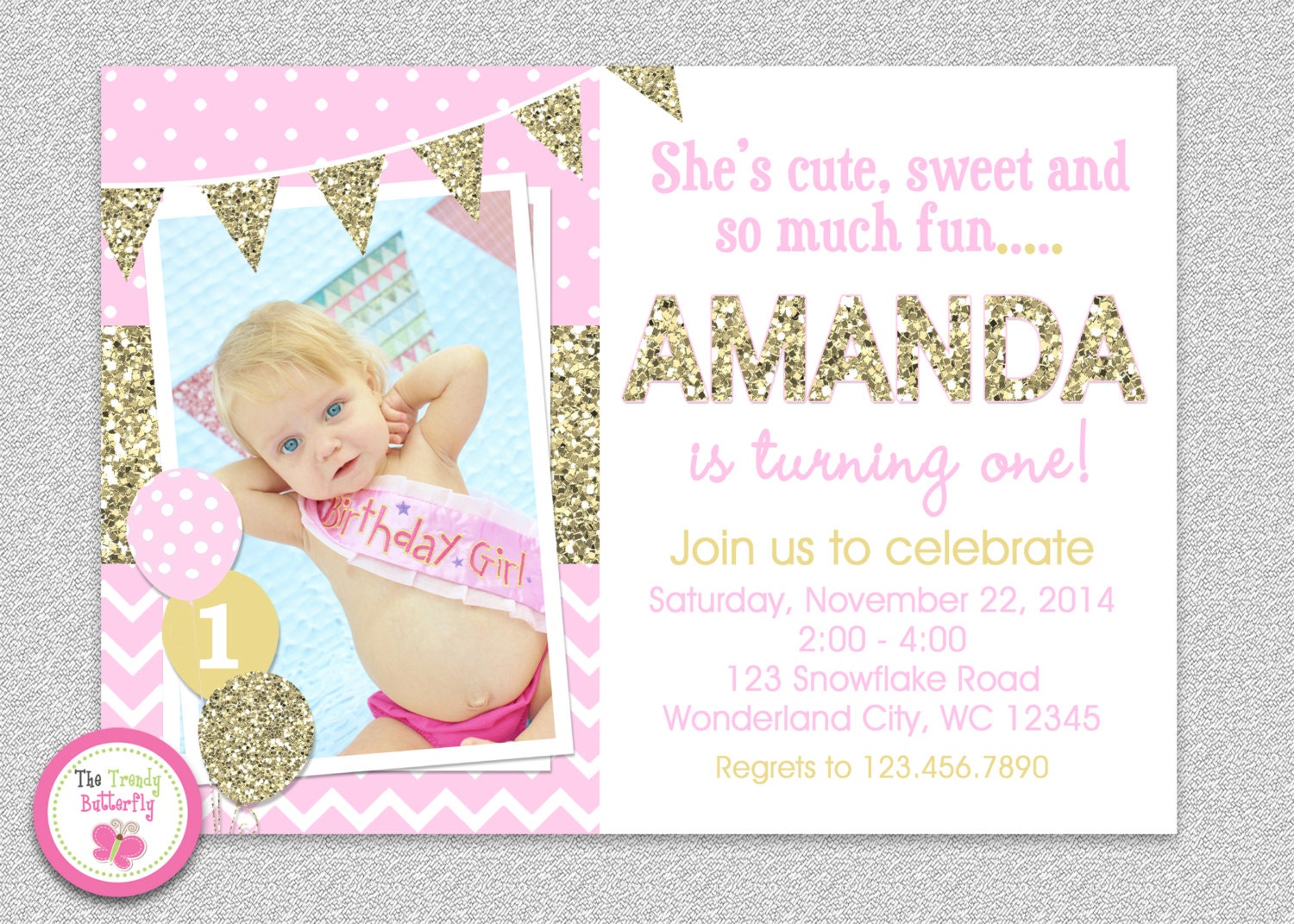 Pink & Gold Invitation, 1st Birthday Invitation, Girl Glitter Invitation , Printable Invite, Kids Birthday