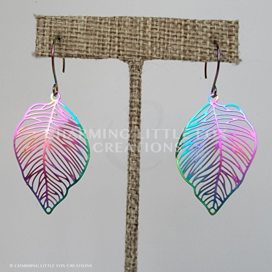 Rainbow Stainless Steel Plant Leaf Dangle Earrings, Hypoallergenic