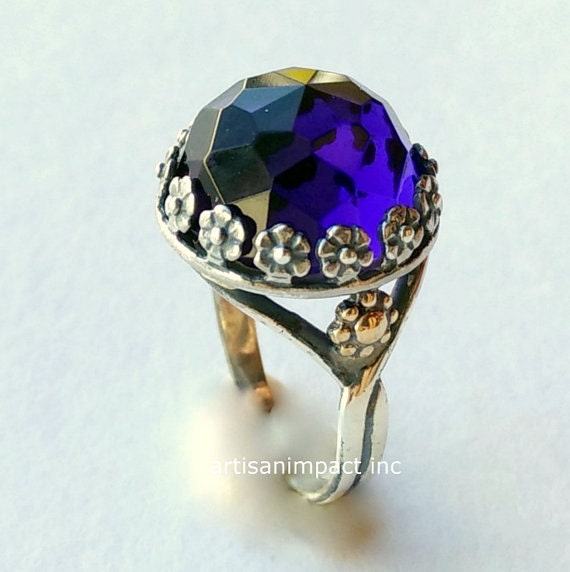 Sterling Silver Ring, Amethyst Gemstone Twotones High Stone Flowers Gold Ring - Imagine Us R2108