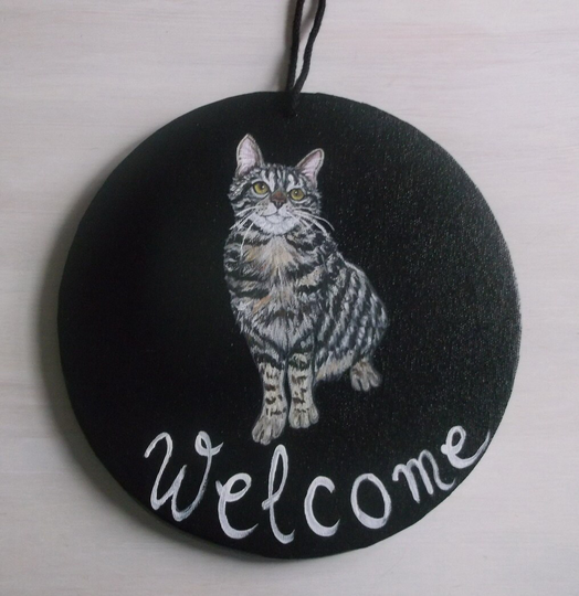 Tabby Domestic Cat Painting Welcome Plaque Sign Home Wall Decor Hand Painted Wood