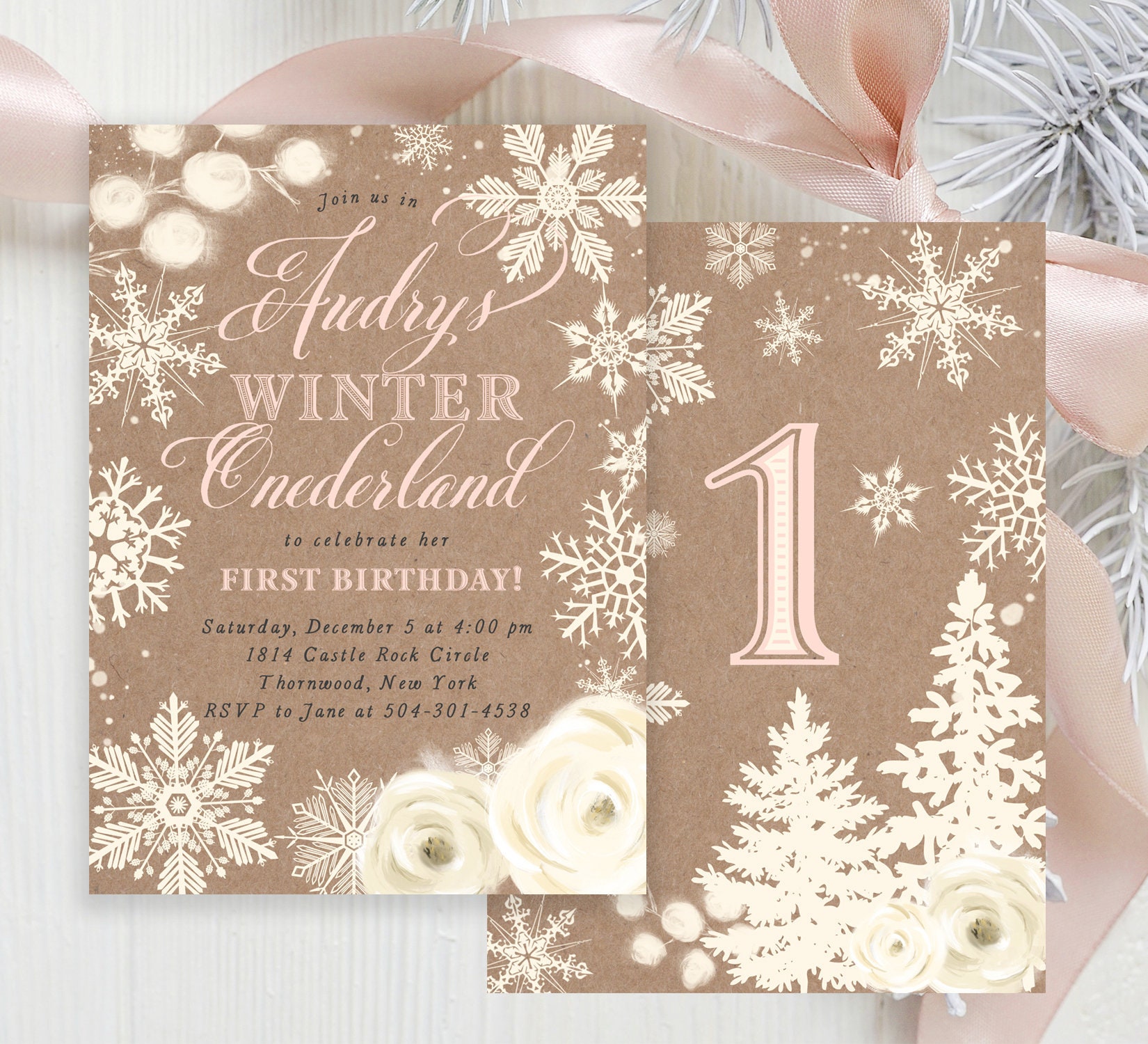 Winter Onederland Birthday Invitation Girl, Rustic Girl Party Invite, Kraft Holiday 41