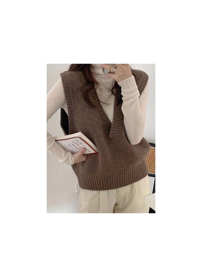 Cashmere Wool Blend Sweater Knit Vest, V-Neck Sleeveless Comfy Roomy Cable Vest