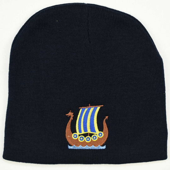Scandinavian Norwegian Swedish Or Danish Viking Ship On Navy Blue Knit Hat
