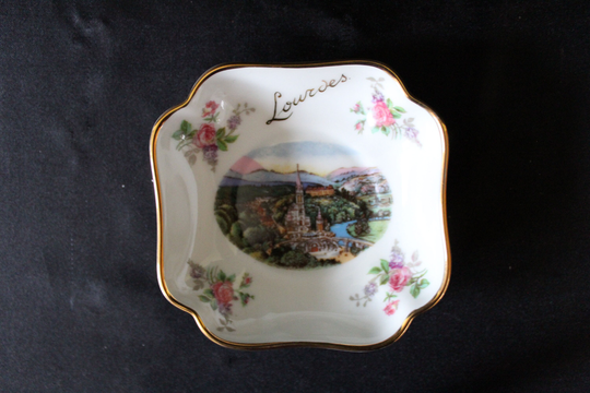 Vintage Porcelain Bowl, Trinket Box, White Lourdes Print Bouquet Of Flowers Pink Gold Rim Decoration, Limoges Ht France