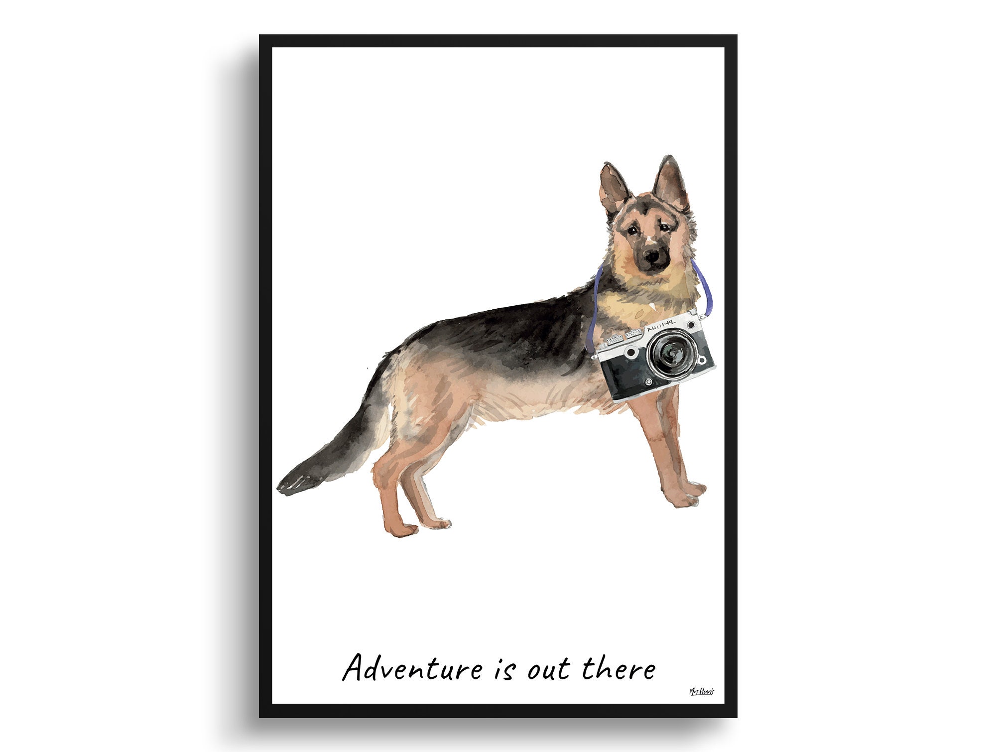 Adventure Is Out There German Shepherd Dog Print Illustration. Framed & Un-Framed Wall Art Options. Personalised Name
