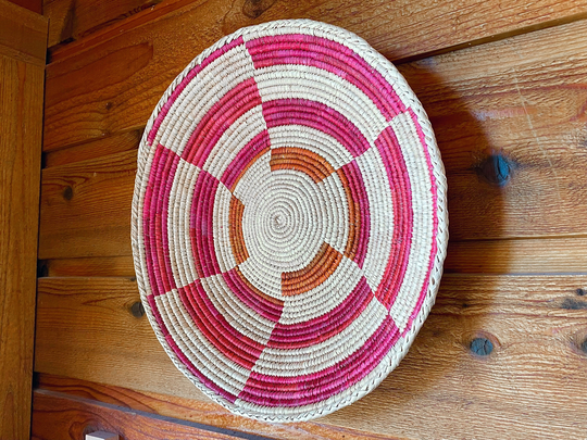 13" Boho Woven Seagrass Hanging Flat Basket. Basket Wall. Rust, Orange, Pink, Natural Wall Gallery. Housewarming Gift
