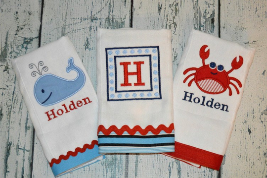 Baby Burpcloth Set Of 3 Burpies Monogram Personalized Whale, Crab, & Initial