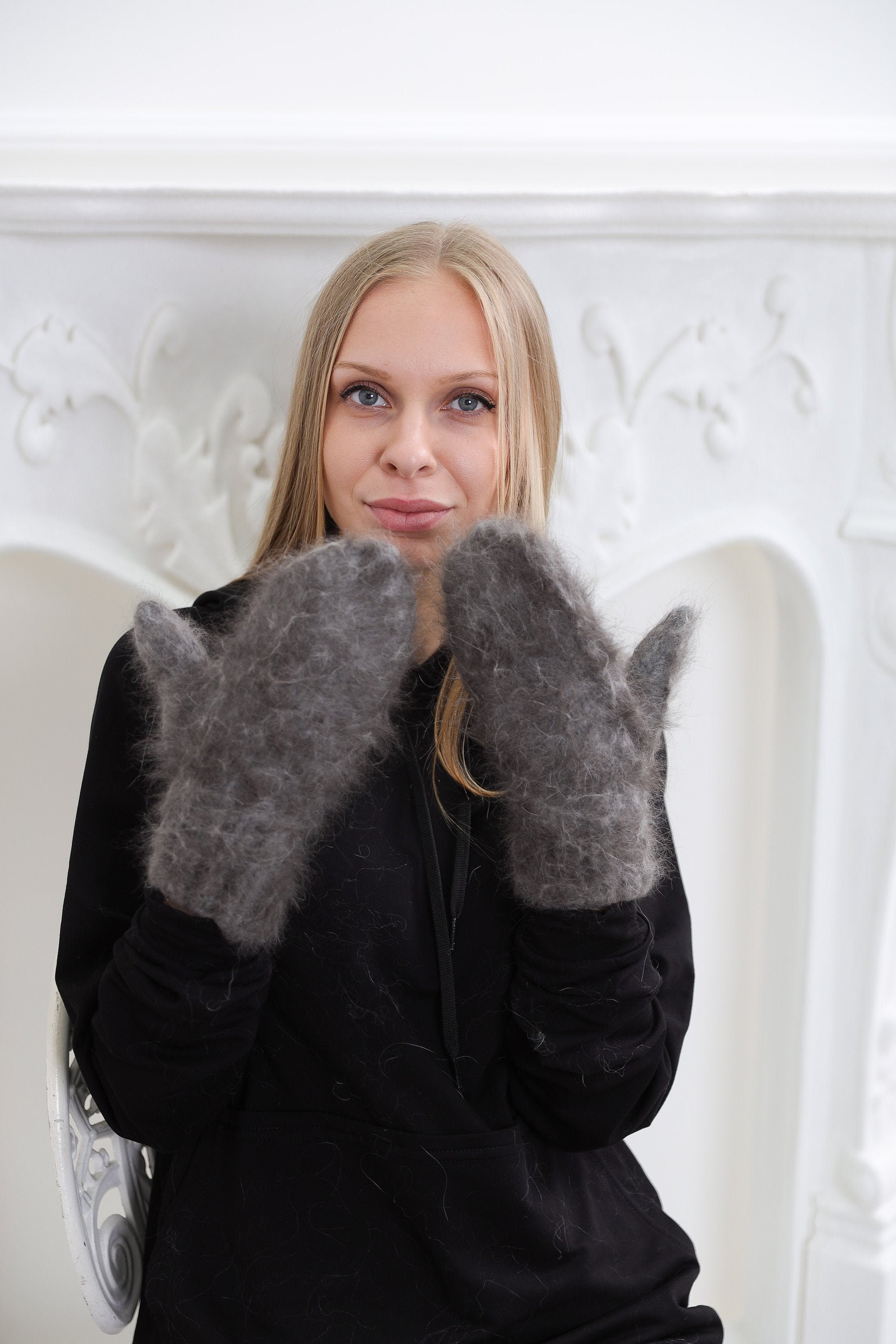 Gray Natural Angora Mittens , Handmade Knit Gloves, Knitted Mittens, Fluffy , Angora Werm Christmas Gift , Gift Idea