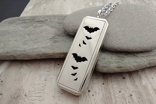 Soaring Bat Necklace, Aromatherapy Locket, Halloween Necklace