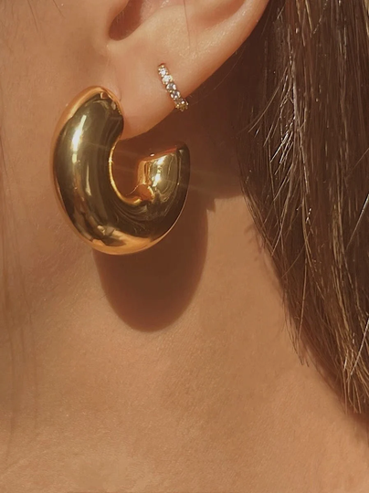 Chunky Gold Hoop Earrings, Minimal Thick Hollow Everyday 18K Statement Chubby Open Hoops