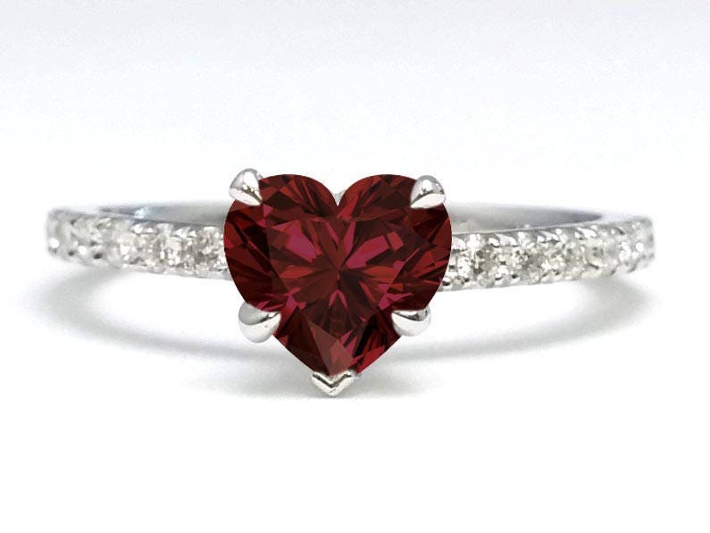 Heart Shape Garnet Petite Diamond Ring, January Ring