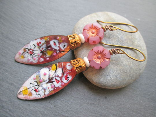High Cotton Enamel Earrings, Fresh White Blooms Bohemian Dangles, Gift For Mom, Garden Lover Gift, Threewishesstudio