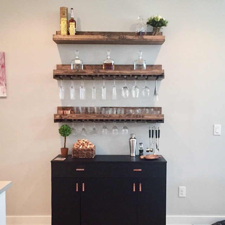 Wood Wine Rack | The Ryan Wall Mounted Shelf & Hanging Stemware Glass Holder Organizer Bar Unique Rustic Shelves