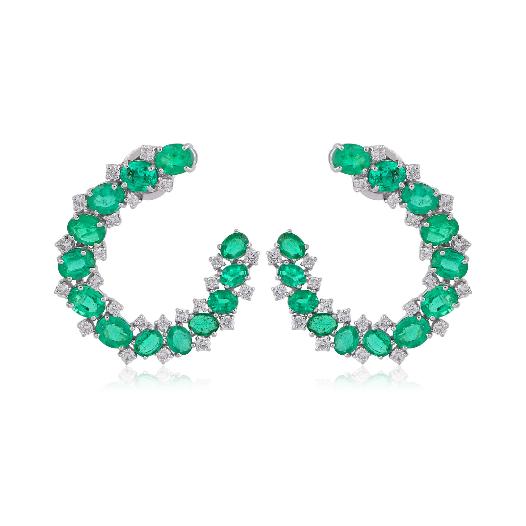 Minimalist C Shape Earring, 14K Gold Diamond Earring, Natural Oval Emerald & Round Pave Solitaire Stud Earrings, Dainty Earring