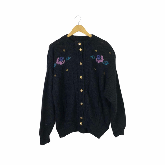 Vintage Black Italian Mohair Blend Cardigan Sweater, Size Large