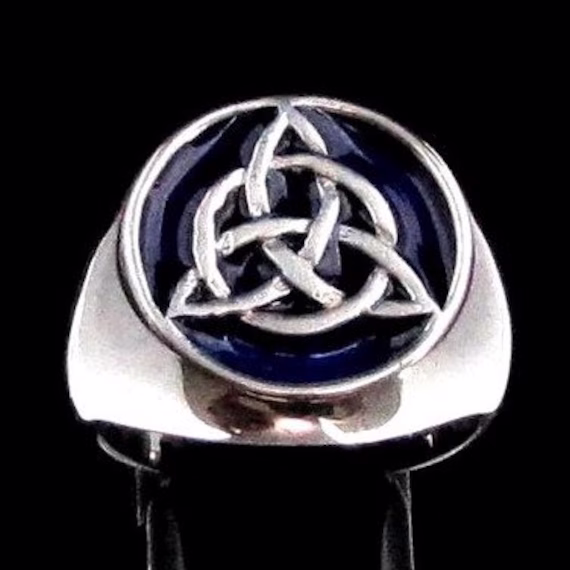 sterling Silver Triquetra Ring Celtic Infinity Knot Pagan Symbol Ireland With Blue Enamel High Polished 925