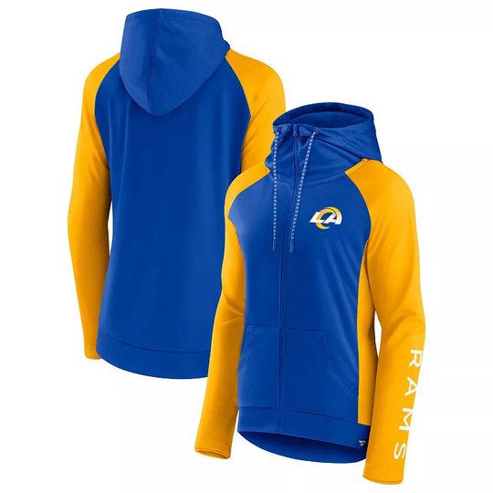 Women's Fanatics Branded Royal/Gold Los Angeles Rams End Around Raglan Full-Zip Hoodie, Size: Large, Blue