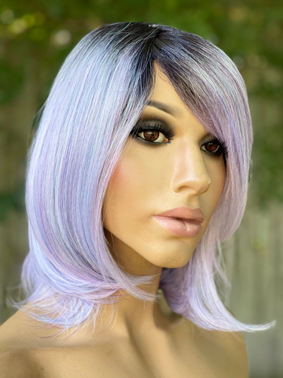 Human Hair Blend Wig Purple Dark Roots Ombré With Bangs 10" Full Cap