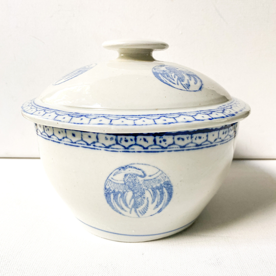 Vintage Lidded Rice Bowl, Asian Blue & White Pottery, Chinoiserie Crock