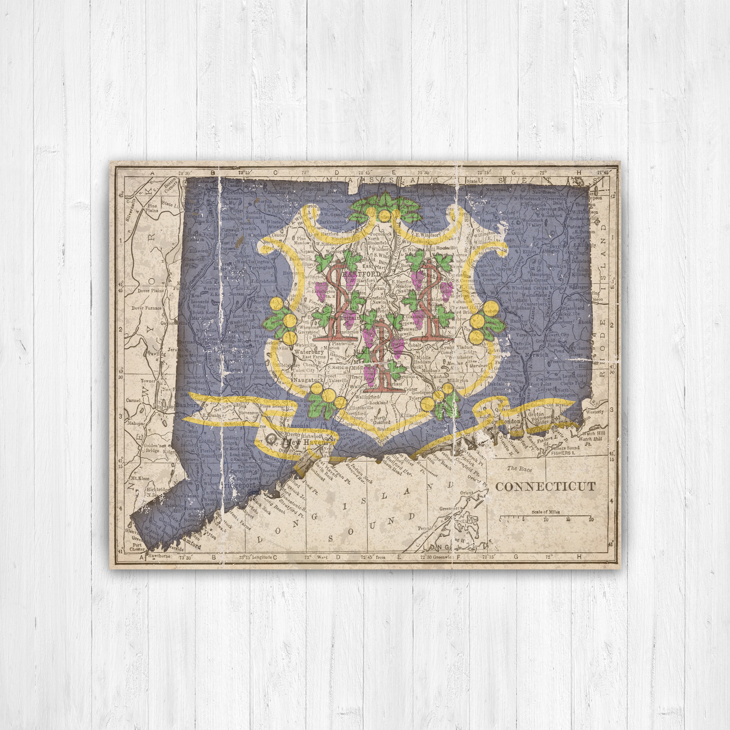 Connecticut Vintage State Flag Map Print | Hanging Canvas Art Printed Marketplace