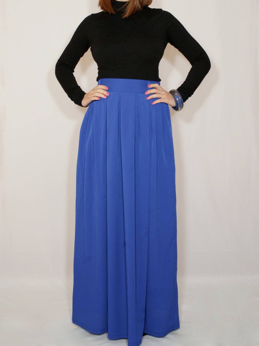 Cobalt Blue Chiffon Maxi Skirt With Pockets, Long