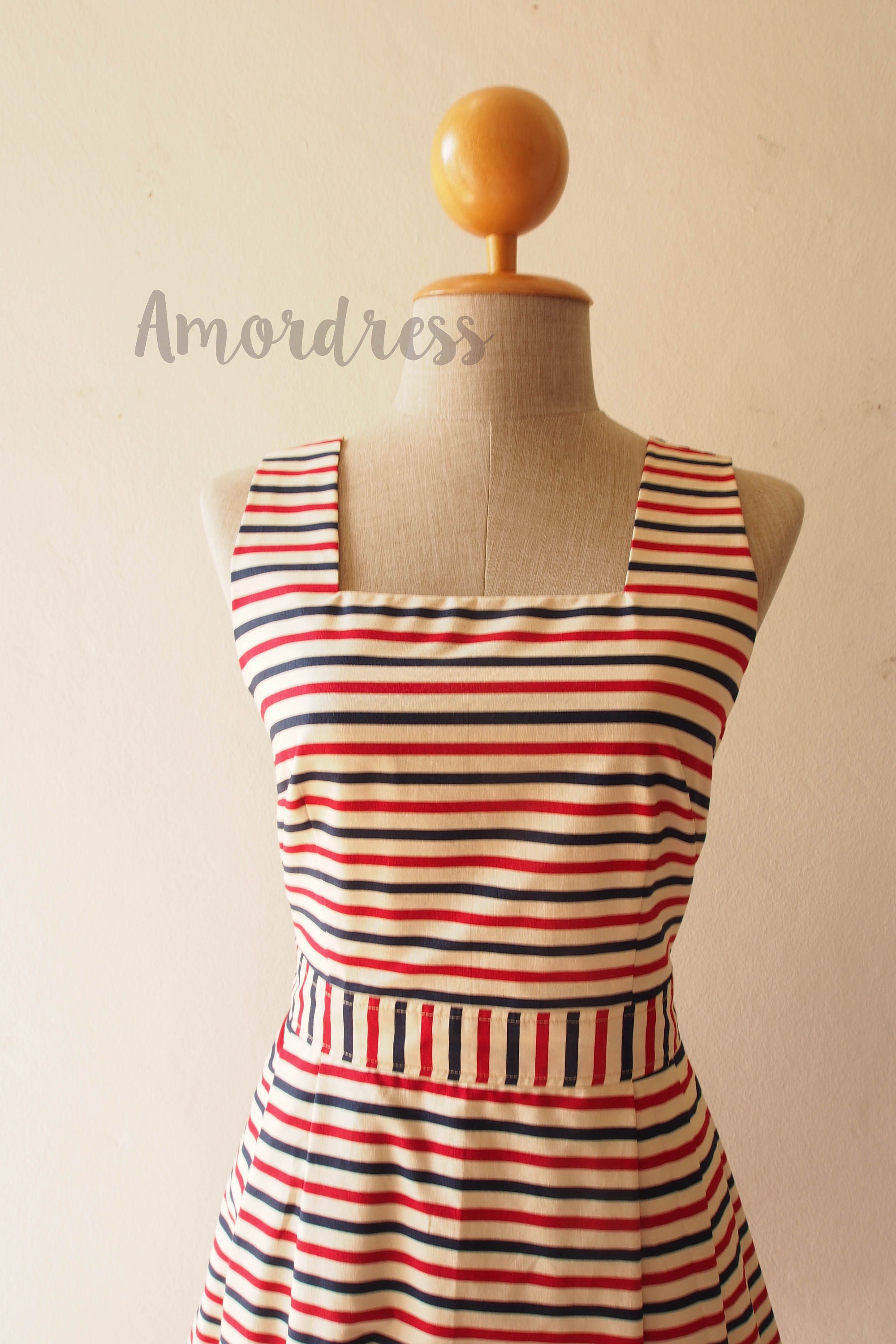 Summer Dress Nautical Vintage Sundress Beach Cotton Mod Stripe Tea Party English Cottage Swing Dance -S, L