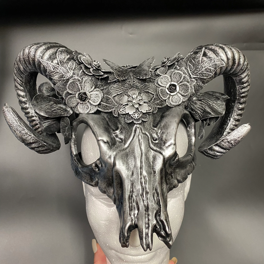 Silver Ram Mask Headpiece Horns Floral Steampunk Gothic