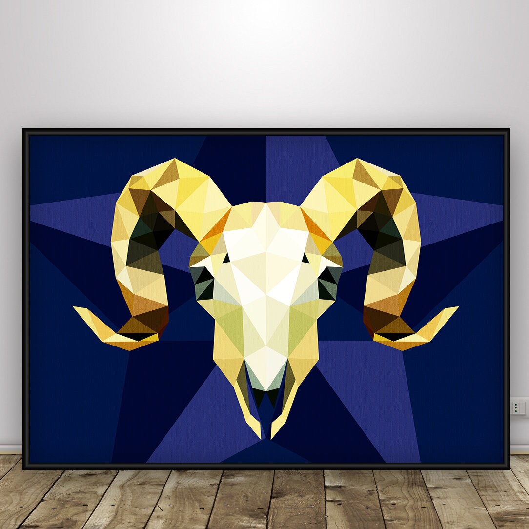 Gold Ram Skull Geometrical Watercolor Print Modern Art Painting Wildlife Low Poly Animal Wall Gift Living Room Decor