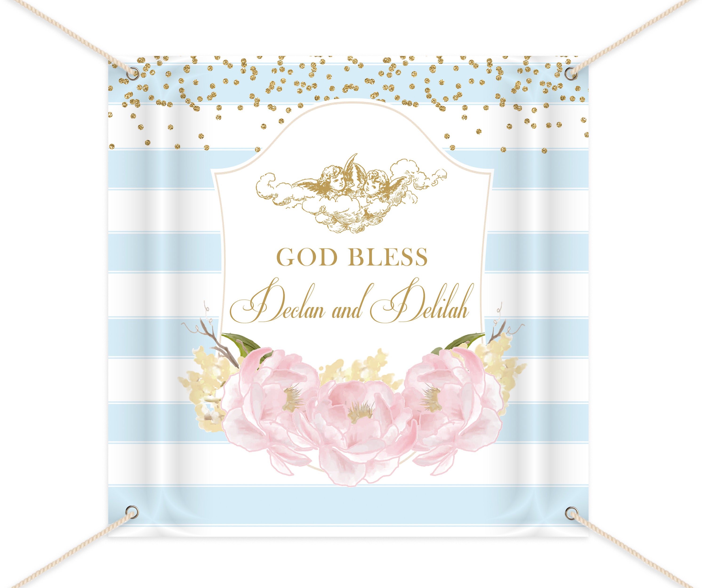 First Communion Party Backdrop, Striped Floral Banner, Pink Peonies Baptism Banner Angels Printed Or Printable File Free Shipping Bfc0004