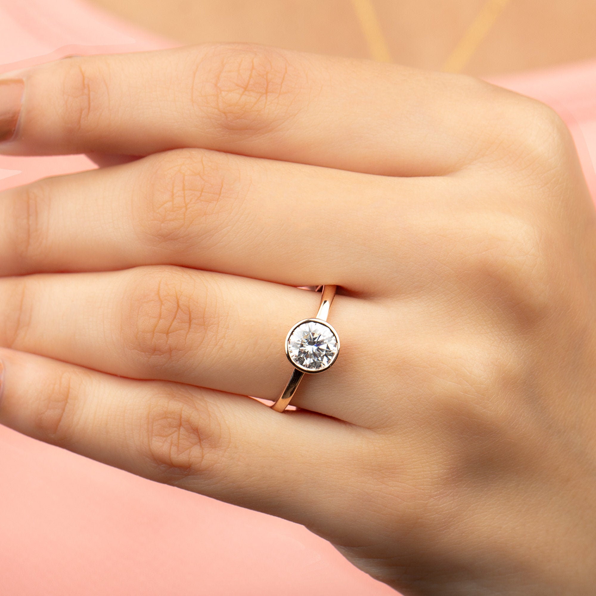 1.25 Ct Solitaire Moissanite Ring, Bezel Set Round Ring For Women, Gold