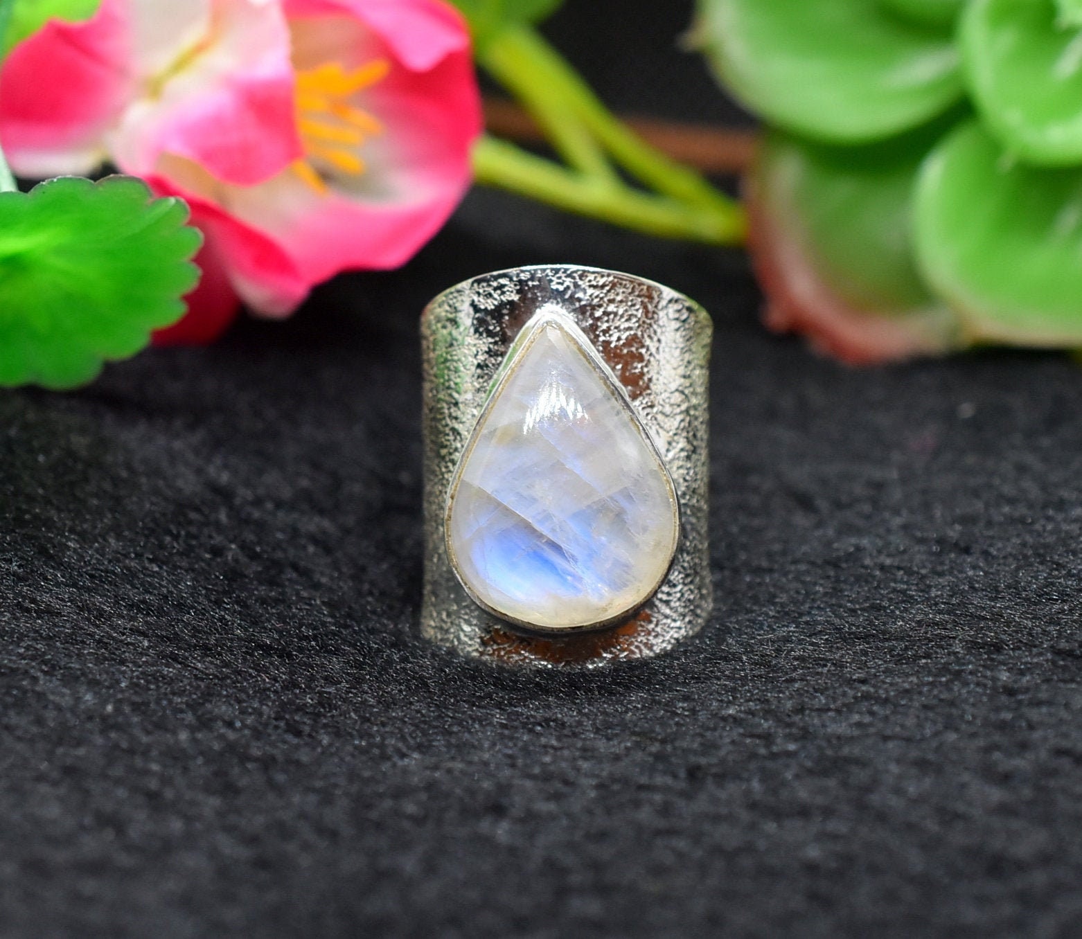 Rainbow Moonstone 7+ Us Silver Ring, Handmade Adjustable Birthstone Statement Cabochon Ready To Wear & Ship