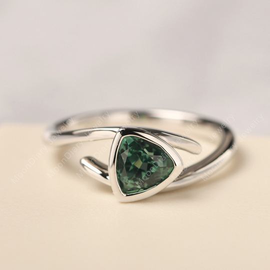 Affordable Engagement Ring Green Sapphire Solitaire Trillion Cut 14K White Gold Gift For Women