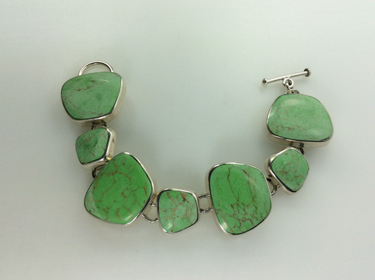 Vintage 7.5" Bracelet Sterling Silver 925 Tested Freeform Shapes Design With Green Variscite Turquoise Used