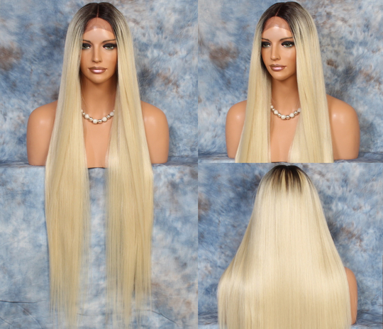 45" Human Hair Blend Lace Front Wig Hand Tied Center Part Straight Heat Safe Blonde Dark Roots Cancer/Alopecia/Cosplay