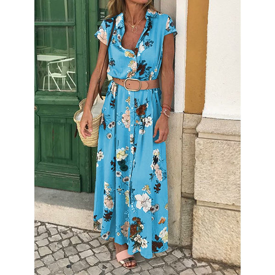 Shirt Collar Women Dresses Shift Daily Cotton-Blend Floral Dresses - Blue, XXL
