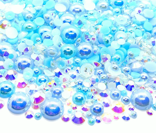Cancer Blend Rhinestone Mix 2mm-10mm Flatback Jelly Resin | Faux Pearls Rhinestones Mixed Sizes, Clear Blue