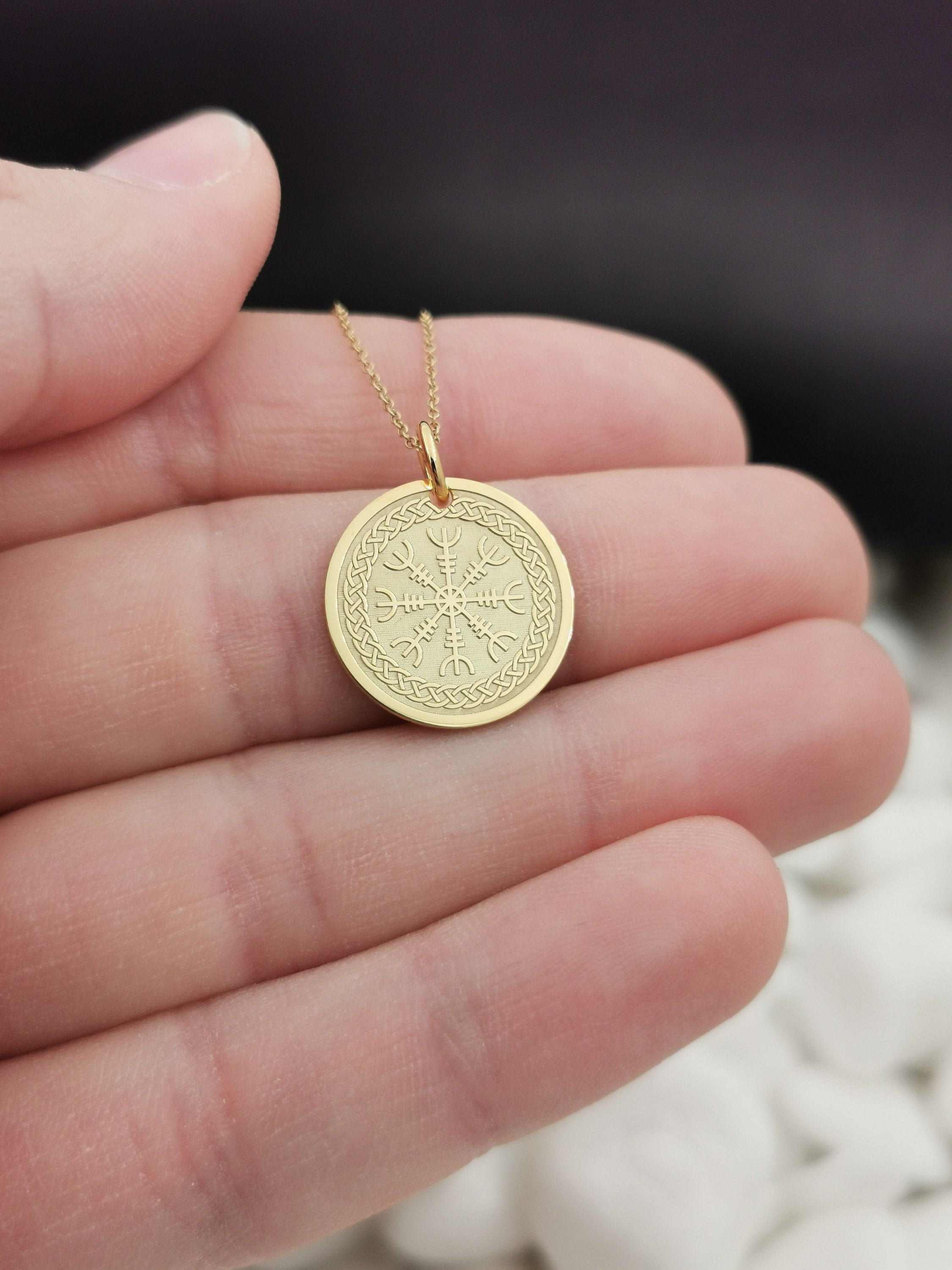 14K Solid Gold Aegishjalmur Necklace, Personalized Pendant, Awe Pendant
