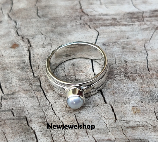 Pearl Ring, Spinner 925 Sterling Silver, Thumb Handmade Anxiety Worry Band, Promise Women Ring