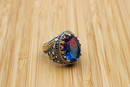 Handmade Men's Ring, Tourmaline Turkish Ottoman Jewelry, Gift For Him, 925K Sterling Silver