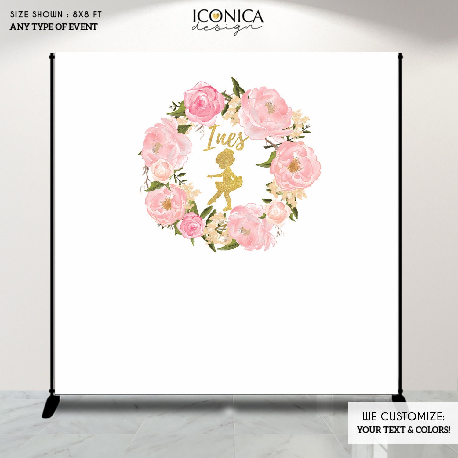 Ballerina Backdrop, Photo Faux Gold Glitter, Watercolor, Garden Party, Printed Or Printable File