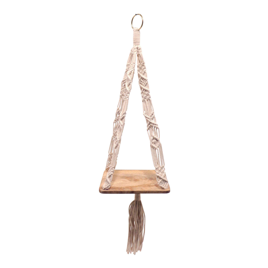 Natural Macrame Plant Hanger With Wood Shelf: White/Natural - Cotton by World Market