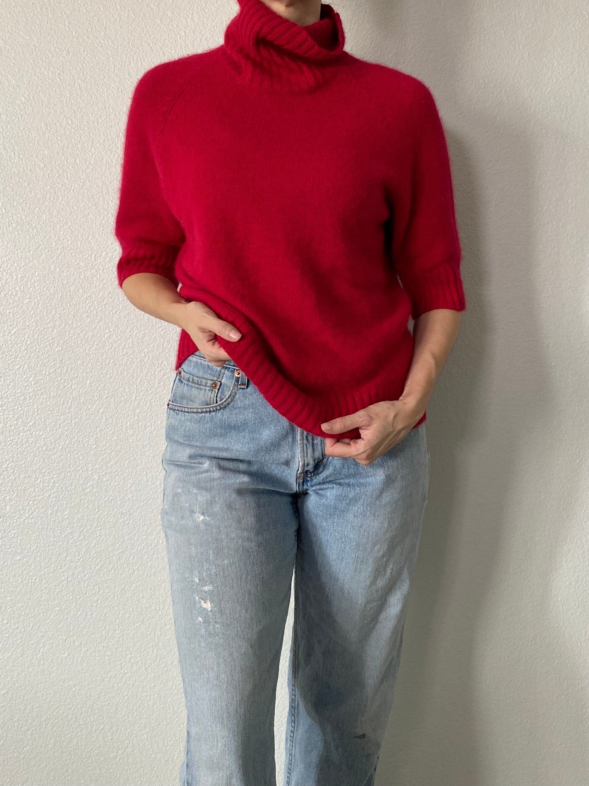 Vintage Red Silk Angora Blend Sweater Short Sleeve Turtle Neck Fuzzy Xl