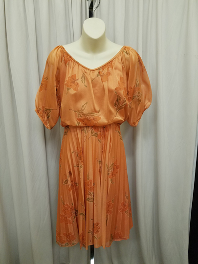 Vintage 1980S Orange Flower Print Sheer Nylon Overlay Crepe Dress