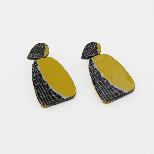 Yellow & Black Statement Earrings, Wooden Multi Color Dangle Decoupage Earrings