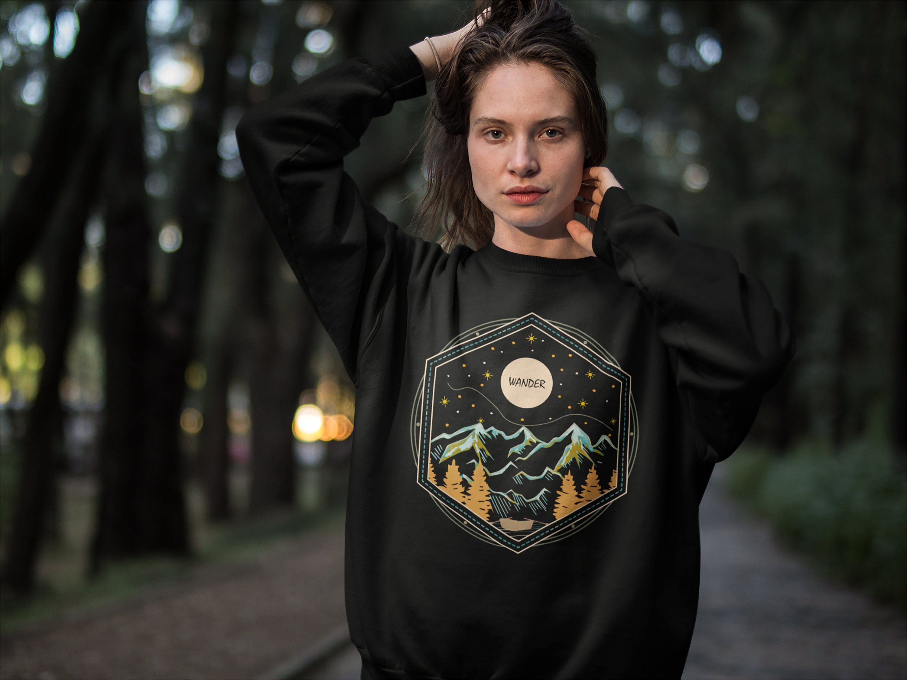 Wander Into The Mountains | Heavy Blend Crewneck Sweatshirt/Hoodie Adventure Camping Hiking Wilderness Nature Lover Pine Tree