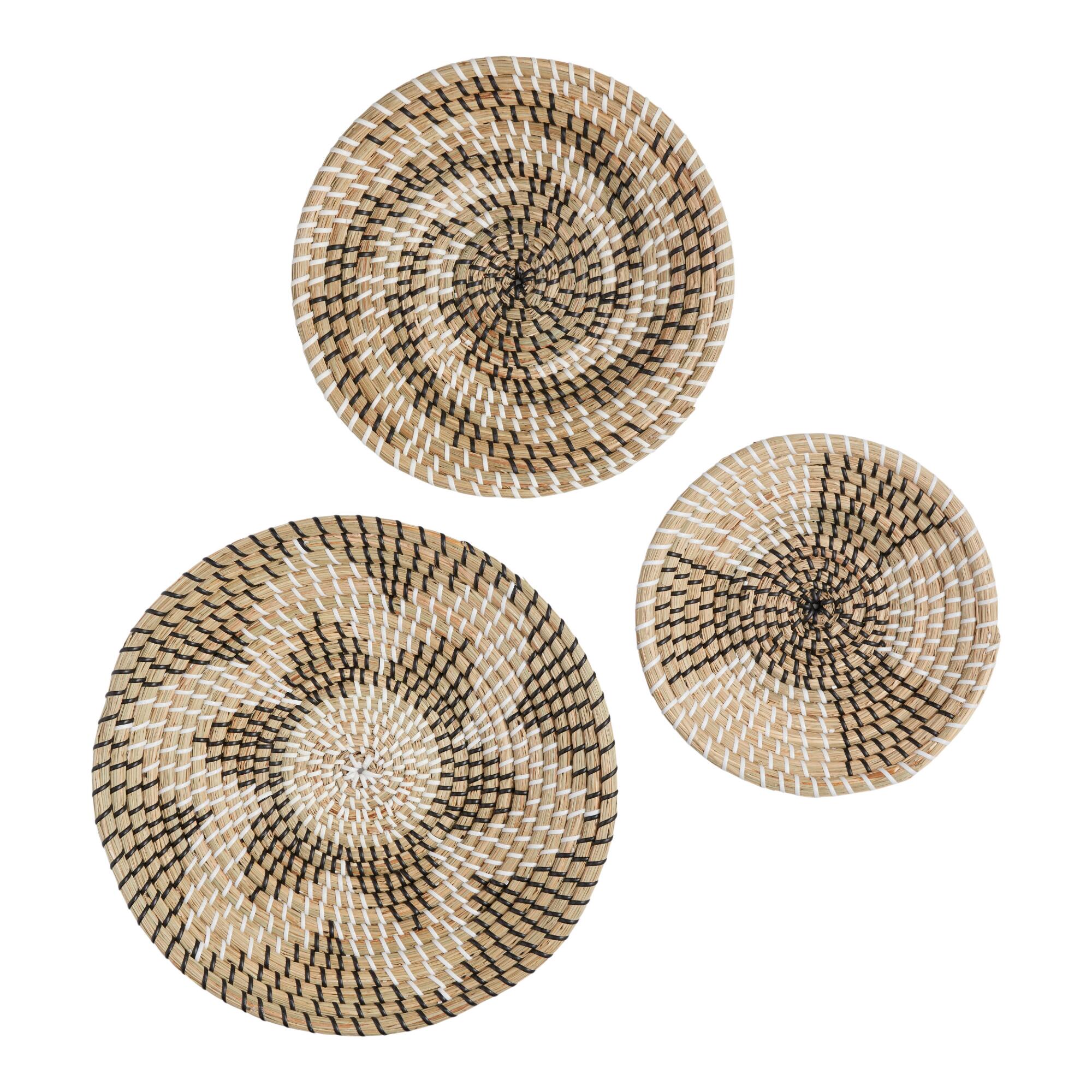 White and Gray Seagrass Woven Disc Wall Decor 3 Piece - Natural Fiber by World Market