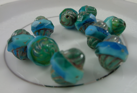 6 Bright Turquoise Blue Turbine Czech Glass Beads 11x10mm Saucer Bicone Shaped Fire Polished #s3853