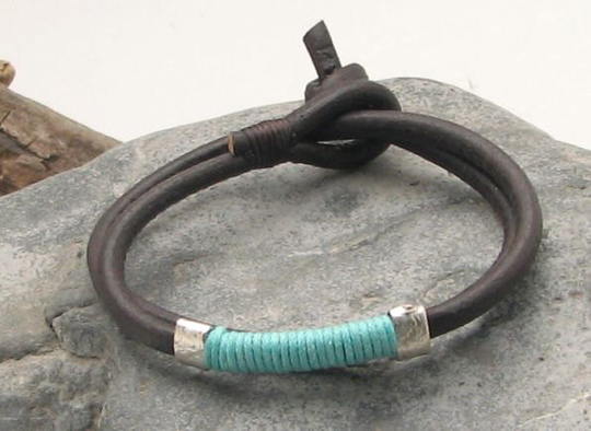 Christmas Gift, Unisex Leather Bracelet.men Or Women, Black Wrap Bracelet With Turquoise Yarn & Silver Plated Spacers
